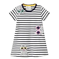 Girls Cotton Long Sleeve Casual Cartoon Appliques Striped Dresses Cotton Spring Summer Short Kids Long Sleeve Shirt