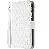Wallet Case Compatible with Samsung Galaxy A15 5G, Luxury Zipper Wallet Case 9 Card Holder Leather Wallet Case for Lady with Wrist Strap (White)