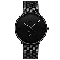 Men's Watches, Ultra Thin, Black, Minimalist, Quartz, with Milanese Mesh, Stainless Steel, Strap