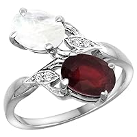 14k White Gold Diamond Enhanced Genuine Ruby & Natural Rainbow Moonstone 2-Stone Ring Oval 8x6mm, Sizes 5-10
