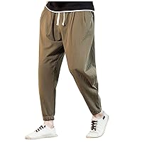 Mens Casual Cotton Linen Pants Loose Fit Elastic Waist Drawstring Beach Summer Yoga Trousers Bound Feet Solid Sweatpants