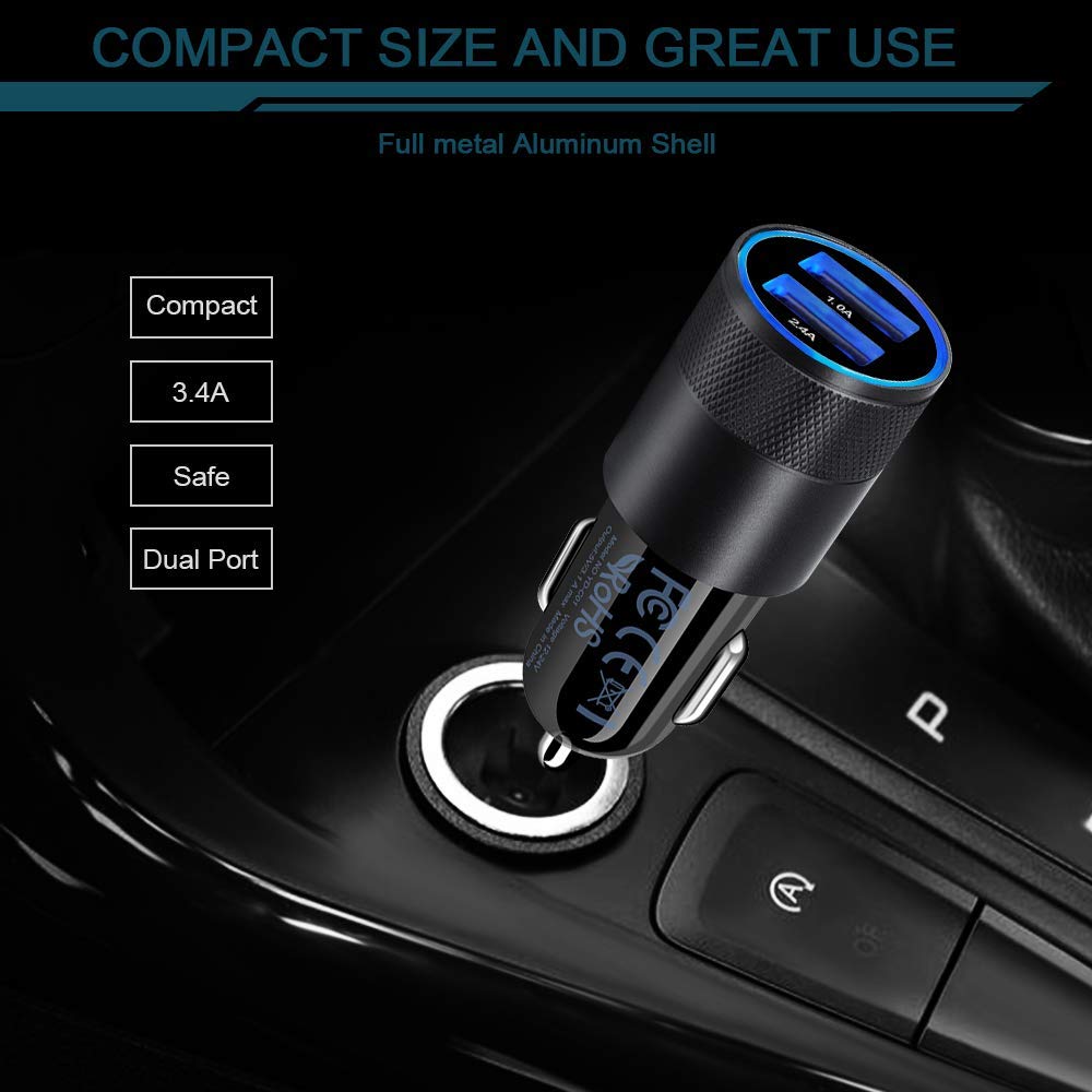 AILKIN 3.4a Fast Charge Dual Port USB Cargador Carro Lighter Adapter& AILKIN Android USB 2.0A Male to Micro B Charger Cord