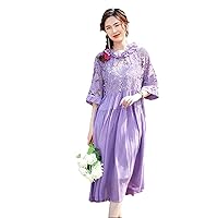 Women's Summer Dress,Early Spring Purple Silk Dress with Short Sleeves