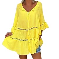 Women's Dresses Summer Dress Three Quarter Sleeved Cotton Loose Button Hollow Out Plus Size Top Dress(Yellow,5X-Large