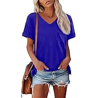 Button Down Shirts for Women,Womens Tops V Neck Curled Sleeves Solid Color Loose Fit Shirts 2024 Summer Fashion Basic Tunic Chest Pocket Blouse Heat Press Machine for T Shirts