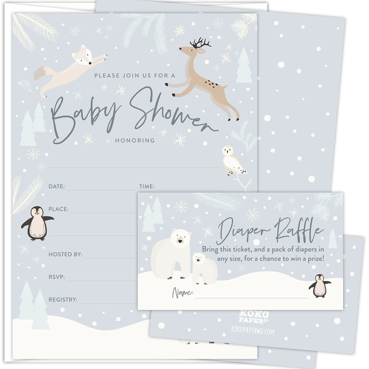 Koko Paper Co Snowy Winter Wonderland Baby Shower Invitations and Diaper Raffle Tickets | 25 Fill-in Invitations, 25 Bright White Envelopes and 25 Diaper Raffle Tickets | 75 pcs Total | Printed on Heavy Card Stock.