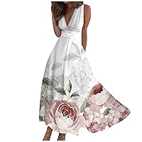 Slim Dress,V Neck Party Long Dress for Women Summer Sleeveless Elastic Waist Casual Maxi Sundres