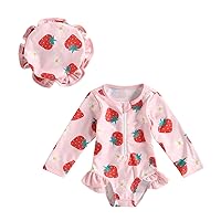 Engofs Toddler Baby Girl One-Piece Swimsuit Long Sleeve Strawberry Print Rash Guard Bathing Suit Ruffled Swimwear with Swimming Cap Pink 2-3T