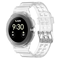 MoKo Rugged Strap Compatible with Google Pixel Watch 2/Pixel Watch with Protective Case, Soft TPU Replacement Watch Band Sport Wristband with Bumper, Clear White