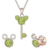 Created Round Cut Green Peridot Gemstone 925 Sterling Silver 14K Rose Gold Over Diamond Mickey Mouse Key Stud Earring Pendant Necklace Jewelry Set for Women's & Girl's