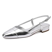 Vaslemuse Women Slingback Flats Double Strap Block Low Heel Sandals Two Toned Classic Dress Shoes with Buckle