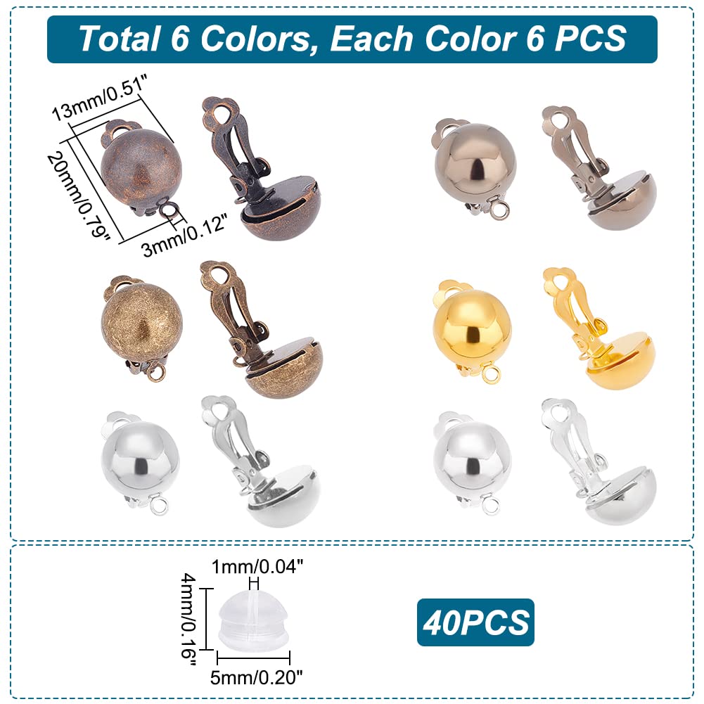 UNICRAFTALE 36Pcs 6 Colors Brass Clip-on Earring Findings Half Round Clip On Earring Converter Non-Pierced Earrings Components with Loop and 40Pcs Silicone Ear Nuts for Earring Making