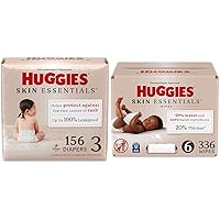 Bundle of Huggies Size 3 Diapers, Skin Essentials Baby Diapers, Size 3 (16-28 lbs), 156 Count (3 Packs of 62) + Huggies Skin Essentials Baby Wipes, 99% Water, 6 Flip Top Packs (336 Wipes Total)