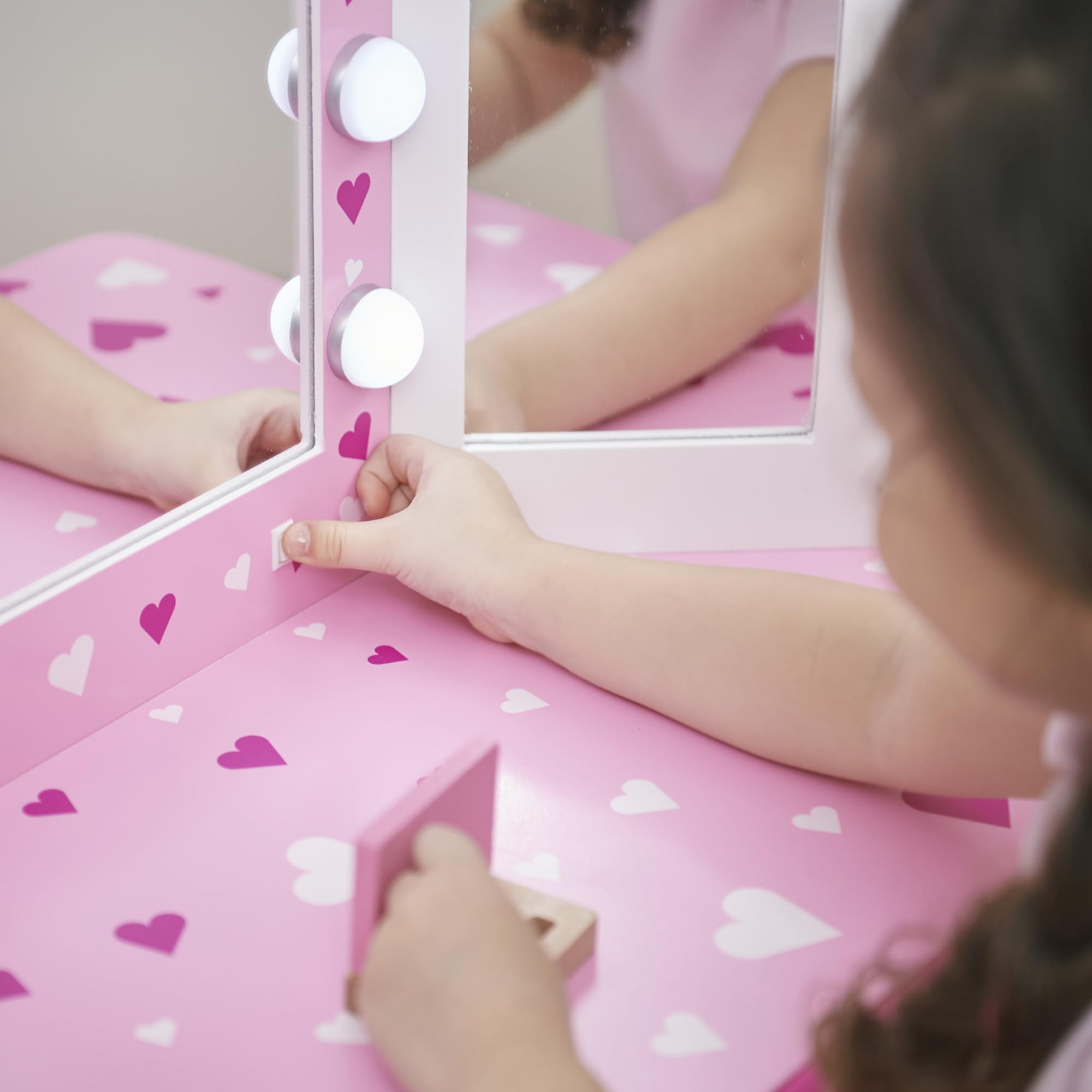 Teamson Kids - Pretend Play Kids Vanity, Table and Chair Vanity Set with LED Mirror Makeup Dressing Table with Drawer, Sweethearts Print Gisele Play Vanity Set, White/Pink, Gift for Ages 3+