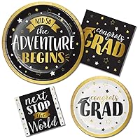 Graduation Themed Party Supplies for 8 Guests - Bundle Includes Paper Plates and Napkins in a Gold, Black, and White Grad Adventures Design