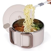 40 Oz Ramen Bowl Soup Bowls with Lid and Foldable Handle Noodles Pasta Cereal Salad Stainless-steel Bowls with Drain Hole Instant Noodle Cup(Beige)