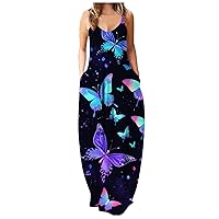 Summer Dresses for Women 2024 Vacation Casual Spaghetti Strap Long Sundresses Butterfly Print Beach Maxi Dress with Pockets