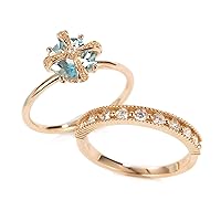 KnSam Real Gold Jewellery 18K Rose Gold Rings for Women, Aquamarine Crown Cross Round Shape Solitaire Engagement Rings, 18 carat (750) rose gold, Aquamarine