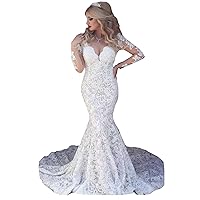 Women's Illusion Long Sleeves Backless Lace Mermaid Wedding Dresses for Bride with Train Bridal Ball Gowns