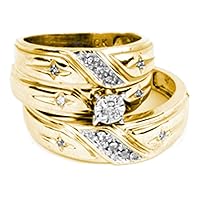 The Diamond Deal 10kt Yellow Gold His & Hers Round Diamond Solitaire Cross Matching Bridal Wedding Ring Band Set 1/5 Cttw