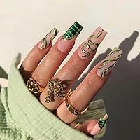 Foccna Green Long Fake Nails Tips Coffin Press on Snake Women's French False Glossy Daily Wear Artificail Nails for Gorgeous Nail Art Manicure Decoration