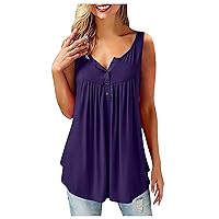 Women's Summer Tank Tops 2023 Color Pleated Sleeveless Casual T-Shirt Vest Button Top Ribbed Workout Tank, M-6XL
