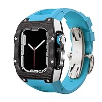 Luxury Carbon Fiber Alloy Case Strap Set for Apple Watch Series 8, 45mm Rubber Band DIY Bezel Modification Kit for iWatch 7 6 5 4 se 44mm 45mm (Color : Blue Silver, Size : 45MM for Series 8)