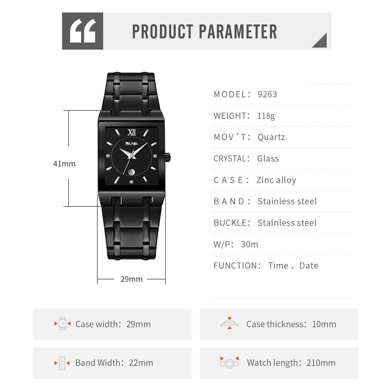 Reginald Fashion Square Watches for Men Date Waterproof Analog Quartz Watch Stainless Steel Fashion Business Casual Wristwatch