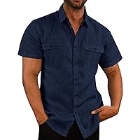 Mens Hawaiian Shirts Cotton Linen Button Down Short Sleeve Collared Shirt Casual Beach Holiday Shirt