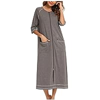 Women Split Side Kaftan Nightgown 3/4 Sleeves Zipper Robes Housecoat Zip Up Bathrobes Maxi Pockets Pjs Loungewear