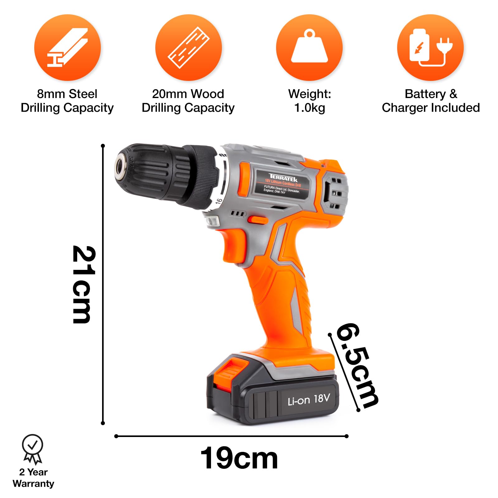 Terratek 13Pc Cordless Drill Driver 18V/20V-Max Lithium-Ion, Electric Screwdriver, Accessory Kit, LED Work Light, Quick Change Battery & Charger Included