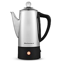 Elite Gourmet EC140 Electric 6-Cup Coffee Percolator with Keep Warm, Clear Brew Progress Knob Cool-Touch Handle Cord-less Serve, Stainless Steel