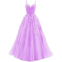 Tulle Lace Applique Prom Dresses Long A-Line Spaghetti Straps V Neck Wedding Bridesmaid Formal Ball Gown
