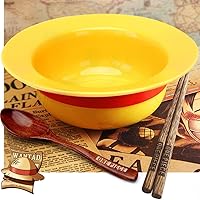 3 PCS ONEPIECE Luffy Straw Hat Bowl Set (Straw Hat Ceramic Bowl + Carve ONEPIECE Wooden spoon & Chopsticks) Dishwasher & Microwave Safe - Good Gift for Anime Fans