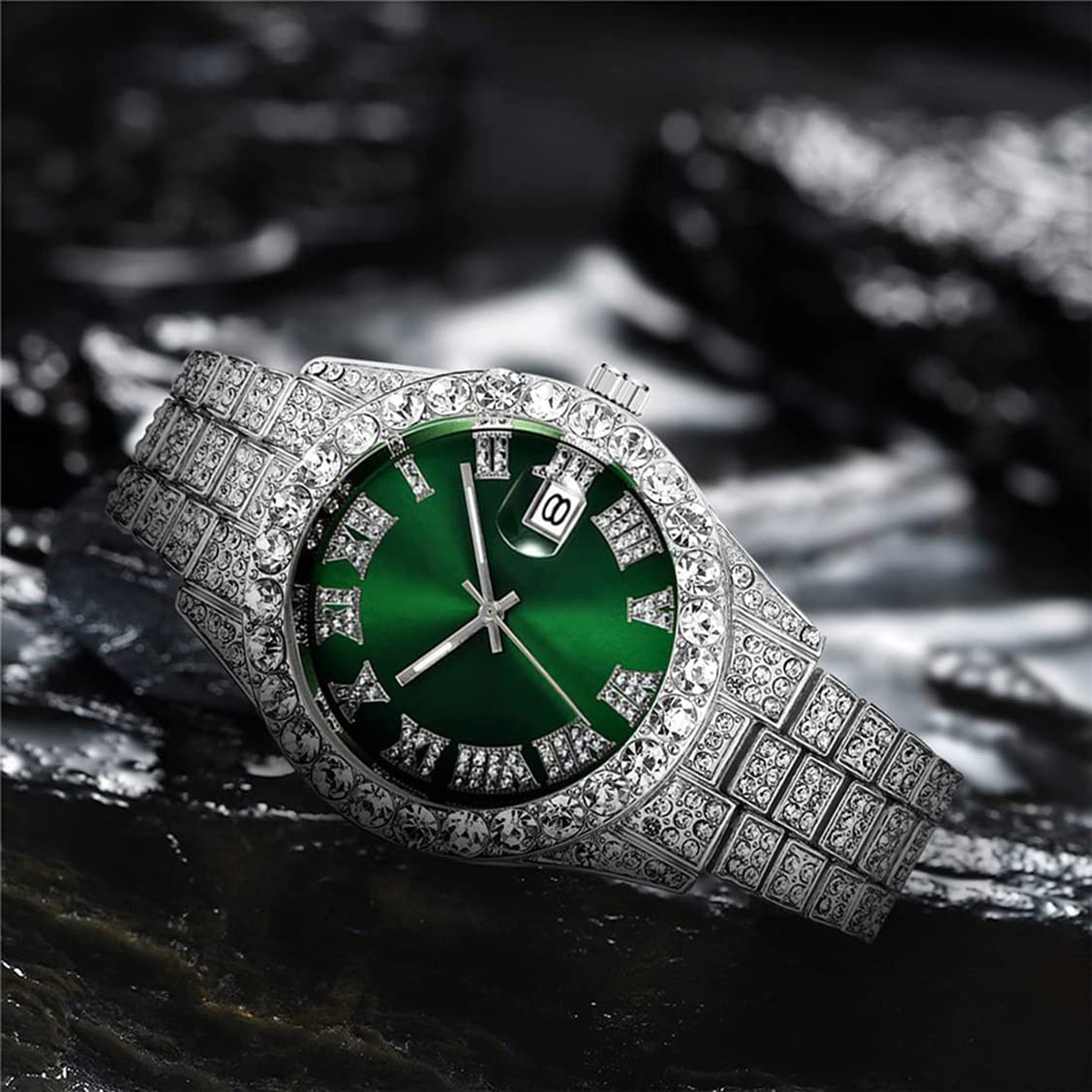 SENRUD Men's Diamond Watch Fashion Crystal Rhinestone Quartz Analog Watch Iced-Out Bracelet Wrist Watch