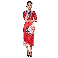 Qipao Autumn and Winter Women Silk Chinese Printed Cheongsam Wedding New Year Dress