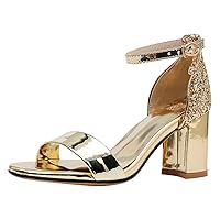 BIGTREE Heeled Sandals For Women Glitter Metallic color Chunky Block Heels Open Toe Dress Shoes with Buckle Ankle Strap Gold 3.5 US
