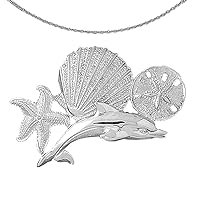 Silver Dolphins | Rhodium-plated 925 Silver Dolphins, Starfish, Shell & Sand Dollar Pendant with 18
