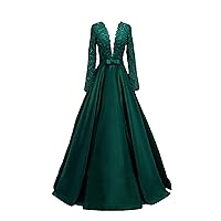 Women's Long Sleeve Evening Dresses Pearls Party Dresses Sheer Back Vintage Prom Dress