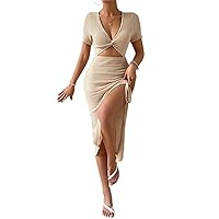 Dresses for Women - Twist Front Cut Out Drawstring Split Thigh Dress - Sexy Deep V Neck Short Sleeve Midi Dress