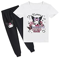 Kid Summer Anime Loose Tee Tops and Casual Long Pants Kuromi Short Sleeve Crewneck Shirt for Boy Girls