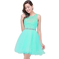 Women's Jewel Neck A Line Tulle Cocktail Dress Ruffles Beaded Lace Homecoming Dress