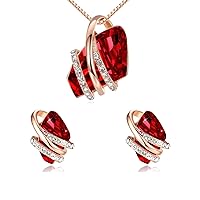 Leafael Wish Stone Necklace and Stud Earrings Jewelry Set for Women, January July Birthstone Ruby Red Crystal Jewelry, Silver Tone Gifts for Women