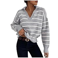 Women Trendy Striped Sweaters Casual Loose Long Sleeve Sweaters V Neck Collar Pullover Tops Soft Knit Jumper Tops