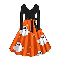Halloween Dresses for Women 1950s Vintage Pumpkin Bats Ghost Print Long Sleeve V Neck Evening Prom Dresses with Belt