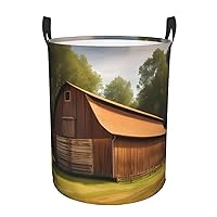 Wooden Barn Countryside Round waterproof laundry basket,foldable storage basket,laundry Hampers with handle,suitable toy storage