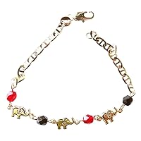 Azabache y Coral Nautical Chain Bracelet with Black and Red Crystal Beads Alternating with 14K Gold Plated Elephants