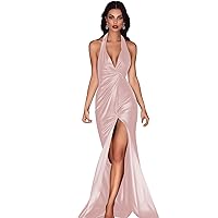 Mermaid Satin Halter Prom Dresses - Corset Formal Dresses Evening Party Gown with Slit