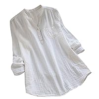 Plus Size Cotton Linen Blouses for Women Summer Pleated Casual V Neck Button Down Long Sleeve Tunic Trendy Tops