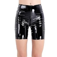 YiZYiF Women's PVC Wet Look Leather Liquid Zipper Crotch Tight Leggings Short Pants